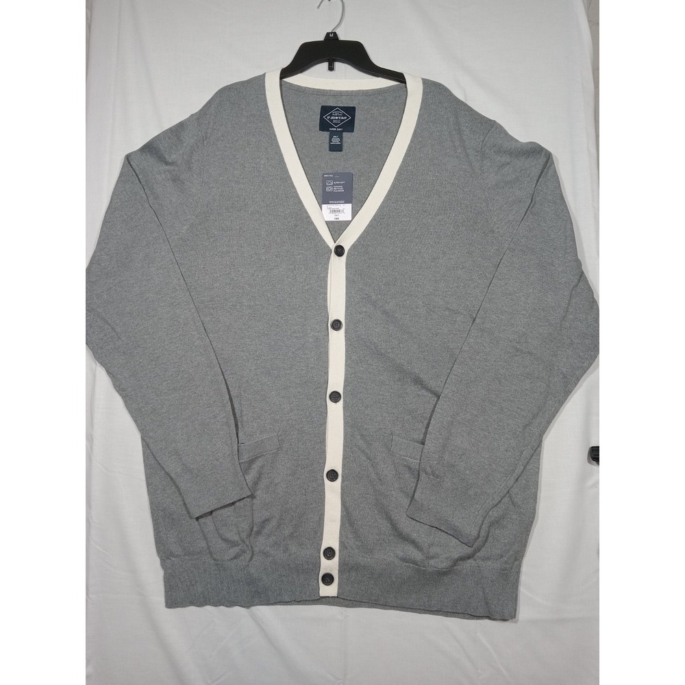 St John's Bay  Supersoft  Cardigan Sweater Mens V-neck Gray/with White Trim 2XLT